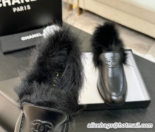 Top Design Chanel Shiny Crumpled Lambskin & Shearling Loafers All Black G46534 1104061