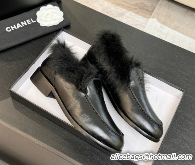 Top Design Chanel Shiny Crumpled Lambskin & Shearling Loafers All Black G46534 1104061