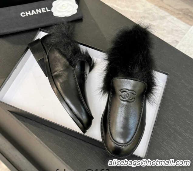 Top Design Chanel Shiny Crumpled Lambskin & Shearling Loafers All Black G46534 1104061