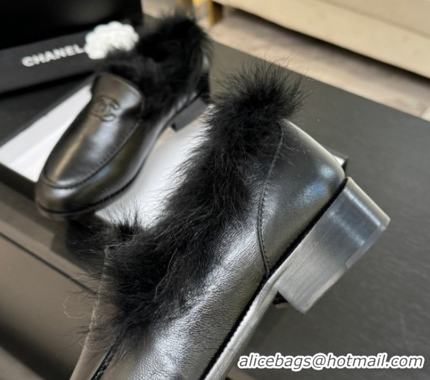 Top Design Chanel Shiny Crumpled Lambskin & Shearling Loafers All Black G46534 1104061