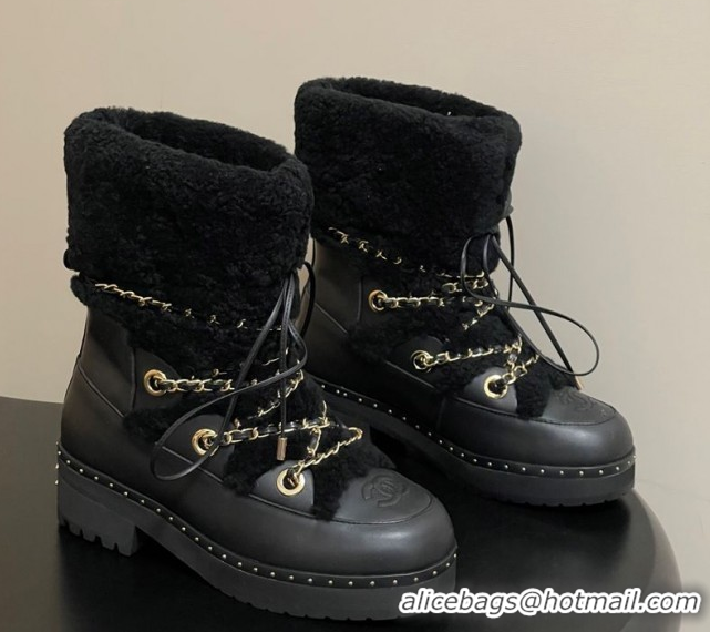Good Looking Chanel Calfskin Leather and Wool Snow Ankle Boots with Chain Black2 2025 CH110403 1104064
