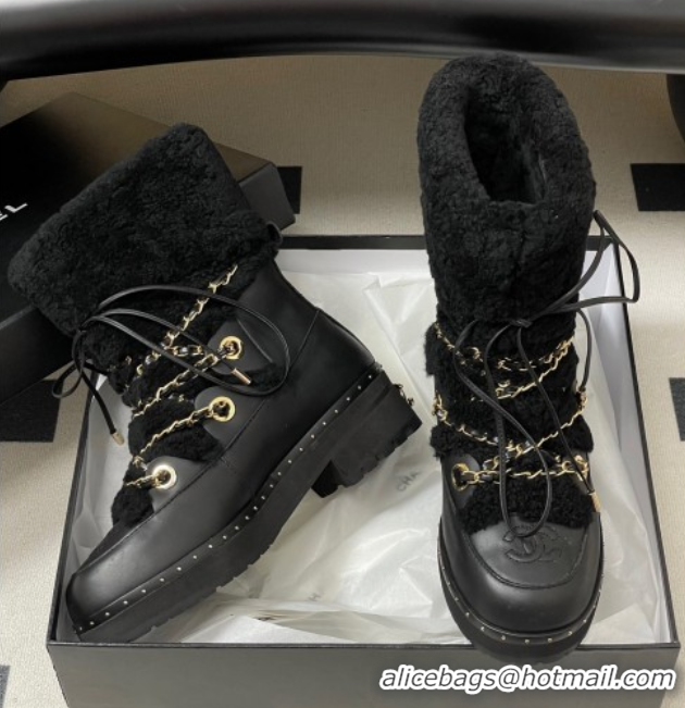 Good Looking Chanel Calfskin Leather and Wool Snow Ankle Boots with Chain Black2 2025 CH110403 1104064
