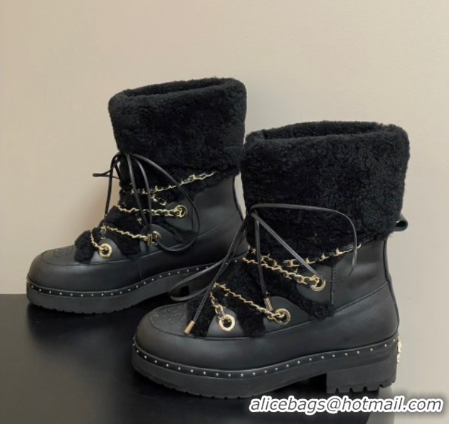 Good Looking Chanel Calfskin Leather and Wool Snow Ankle Boots with Chain Black2 2025 CH110403 1104064