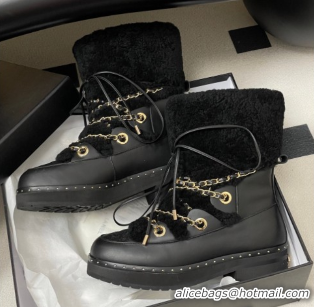 Good Looking Chanel Calfskin Leather and Wool Snow Ankle Boots with Chain Black2 2025 CH110403 1104064