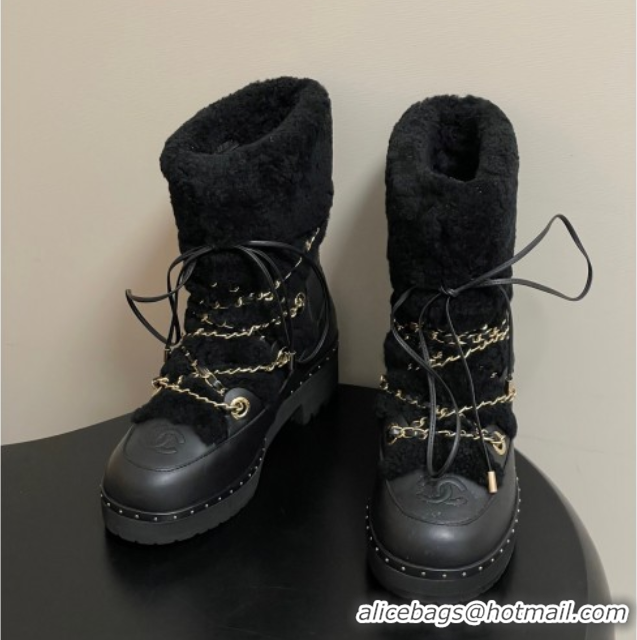 Good Looking Chanel Calfskin Leather and Wool Snow Ankle Boots with Chain Black2 2025 CH110403 1104064