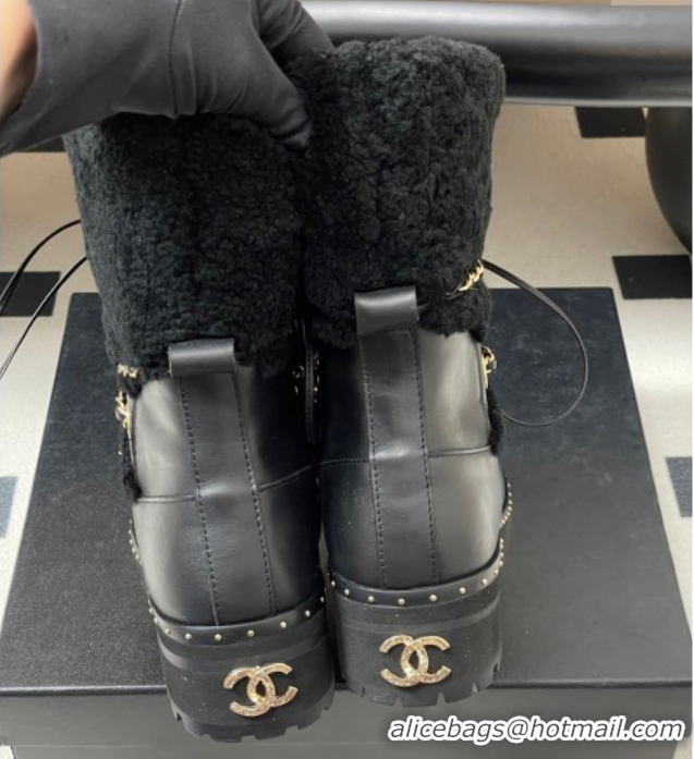 Good Looking Chanel Calfskin Leather and Wool Snow Ankle Boots with Chain Black2 2025 CH110403 1104064