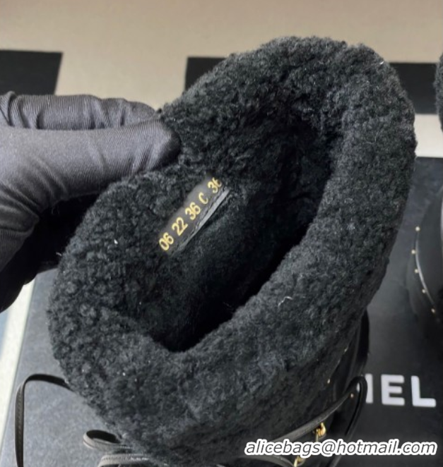 Good Looking Chanel Calfskin Leather and Wool Snow Ankle Boots with Chain Black2 2025 CH110403 1104064