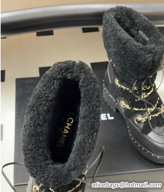 Good Looking Chanel Calfskin Leather and Wool Snow Ankle Boots with Chain Black2 2025 CH110403 1104064