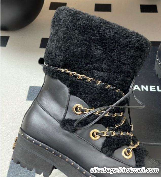 Good Looking Chanel Calfskin Leather and Wool Snow Ankle Boots with Chain Black2 2025 CH110403 1104064