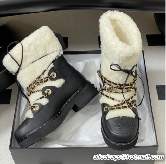 Best Product Chanel Calfskin Leather and Wool Snow Ankle Boots with Chain Black/White 2025 CH110403 1104065