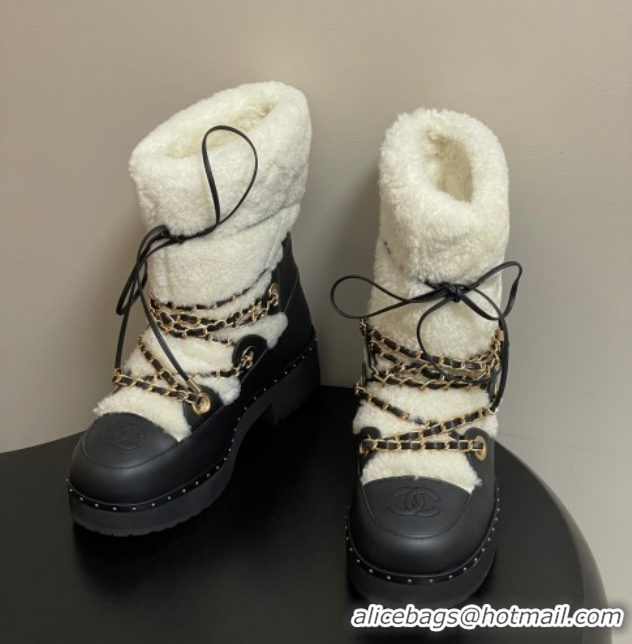 Best Product Chanel Calfskin Leather and Wool Snow Ankle Boots with Chain Black/White 2025 CH110403 1104065