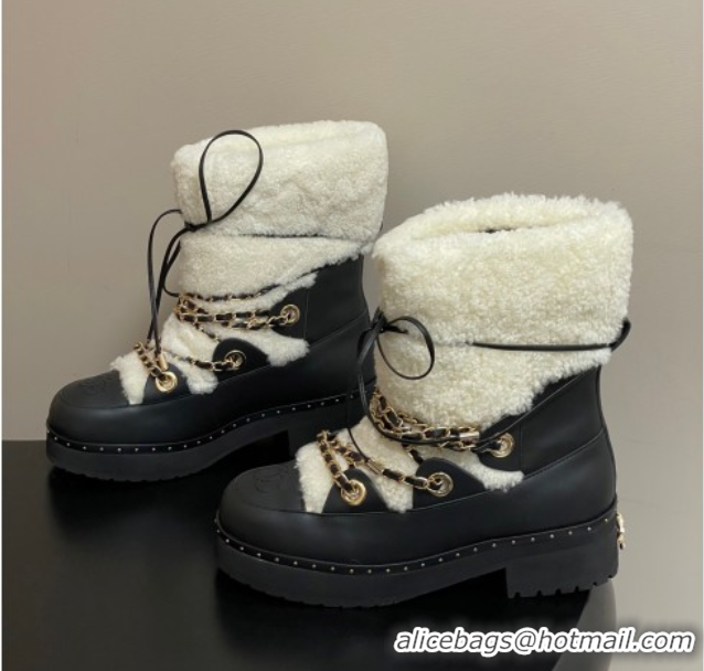 Best Product Chanel Calfskin Leather and Wool Snow Ankle Boots with Chain Black/White 2025 CH110403 1104065