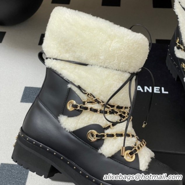 Best Product Chanel Calfskin Leather and Wool Snow Ankle Boots with Chain Black/White 2025 CH110403 1104065