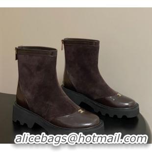 Shop Duplicate Chanel Suede and Shiny Calfskin Platform Ankle Boots Brown 2025 CH110404 1104070