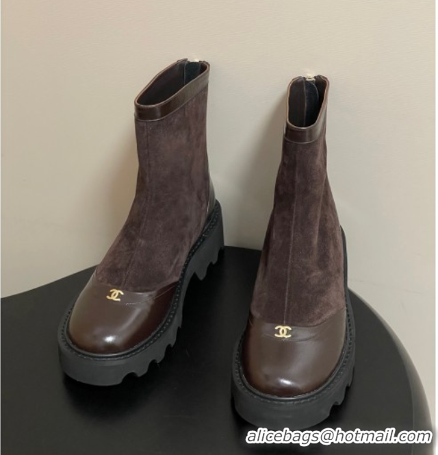 Shop Duplicate Chanel Suede and Shiny Calfskin Platform Ankle Boots Brown 2025 CH110404 1104070