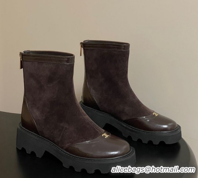 Shop Duplicate Chanel Suede and Shiny Calfskin Platform Ankle Boots Brown 2025 CH110404 1104070