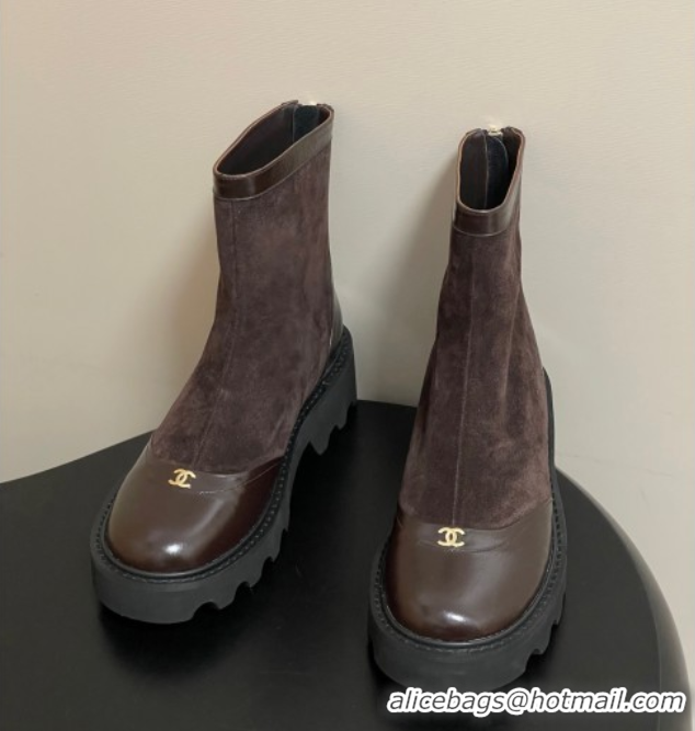 Shop Duplicate Chanel Suede and Shiny Calfskin Platform Ankle Boots Brown 2025 CH110404 1104070
