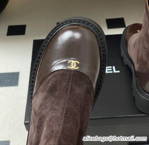 Shop Duplicate Chanel Suede and Shiny Calfskin Platform Ankle Boots Brown 2025 CH110404 1104070