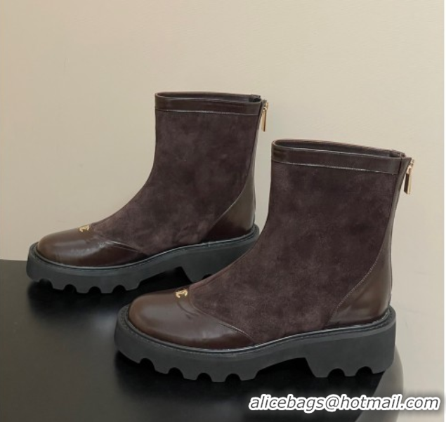 Shop Duplicate Chanel Suede and Shiny Calfskin Platform Ankle Boots Brown 2025 CH110404 1104070