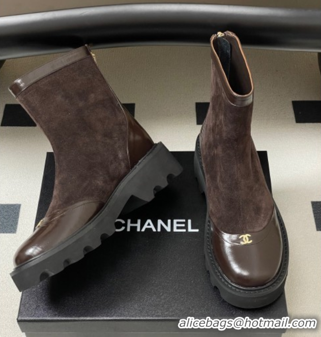 Shop Duplicate Chanel Suede and Shiny Calfskin Platform Ankle Boots Brown 2025 CH110404 1104070