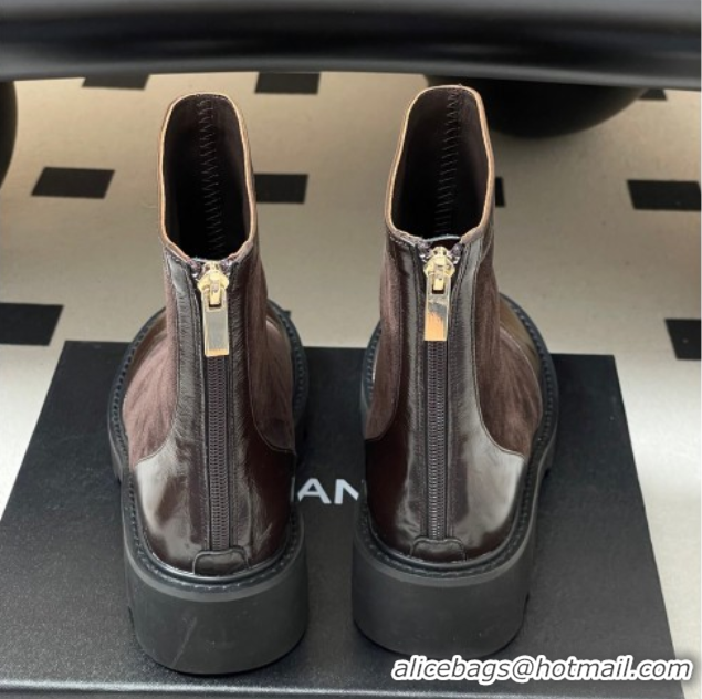 Shop Duplicate Chanel Suede and Shiny Calfskin Platform Ankle Boots Brown 2025 CH110404 1104070