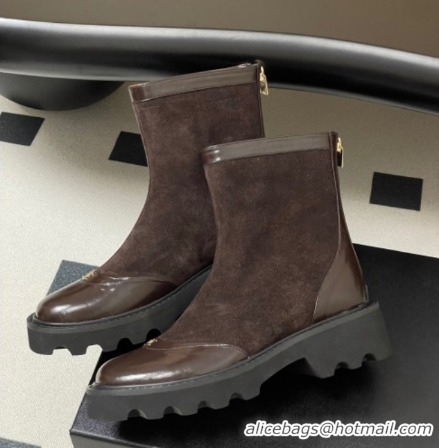 Shop Duplicate Chanel Suede and Shiny Calfskin Platform Ankle Boots Brown 2025 CH110404 1104070