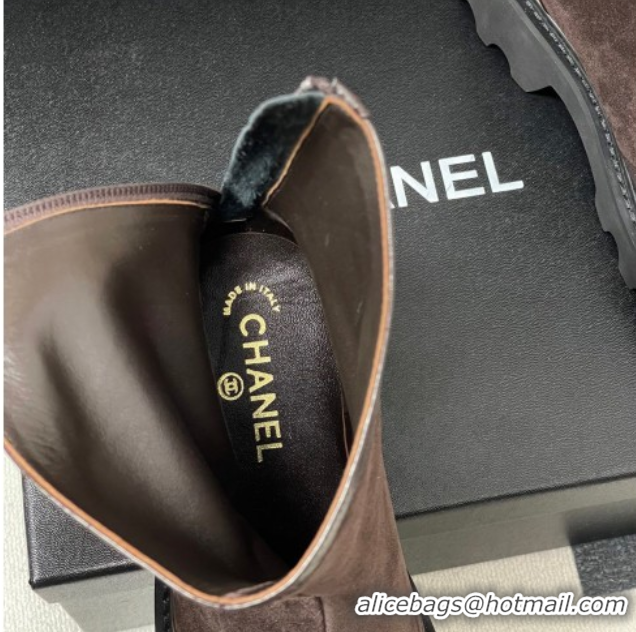 Shop Duplicate Chanel Suede and Shiny Calfskin Platform Ankle Boots Brown 2025 CH110404 1104070