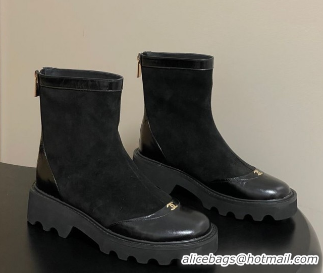 Top Grade Chanel Suede and Shiny Calfskin Platform Ankle Boots Black 2025 CH110404 1104067