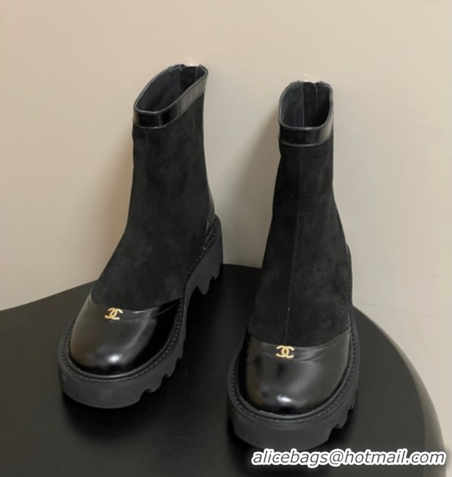 Top Grade Chanel Suede and Shiny Calfskin Platform Ankle Boots Black 2025 CH110404 1104067