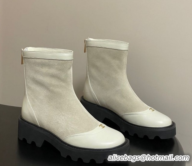 Top Design Chanel Suede and Shiny Calfskin Platform Ankle Boots White 2025 CH110404 1104068