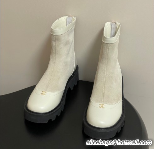 Top Design Chanel Suede and Shiny Calfskin Platform Ankle Boots White 2025 CH110404 1104068