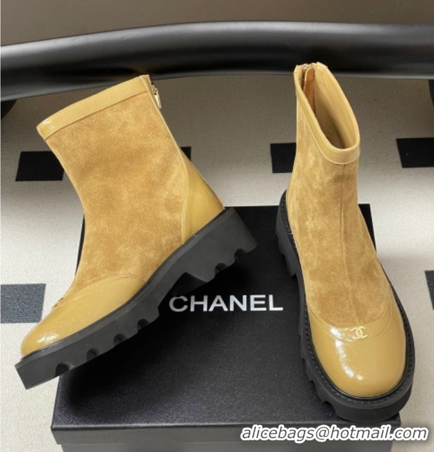 Good Looking Chanel Suede and Shiny Calfskin Platform Ankle Boots Beige Yellow 2025 CH110404 1104069