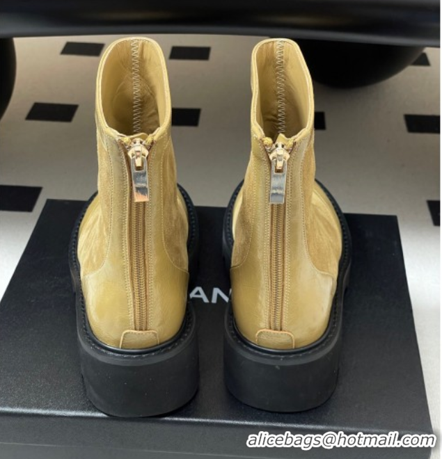 Good Looking Chanel Suede and Shiny Calfskin Platform Ankle Boots Beige Yellow 2025 CH110404 1104069