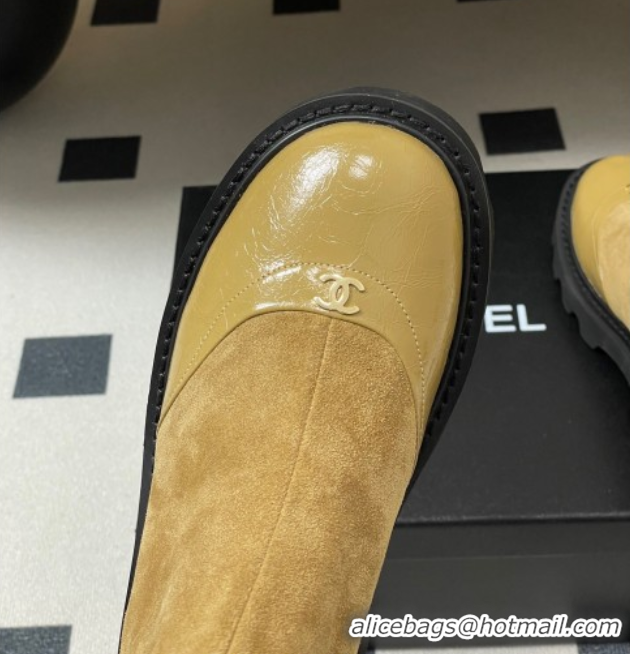 Good Looking Chanel Suede and Shiny Calfskin Platform Ankle Boots Beige Yellow 2025 CH110404 1104069