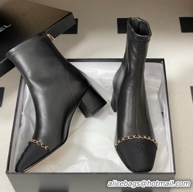 Cheap Price Chanel Stretch Lambskin and Grosgrain Heel Ankle Boots 5cm with Chain Black 2025 CH110405 51104071