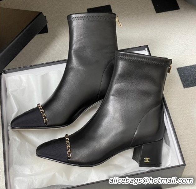 Cheap Price Chanel Stretch Lambskin and Grosgrain Heel Ankle Boots 5cm with Chain Black 2025 CH110405 51104071