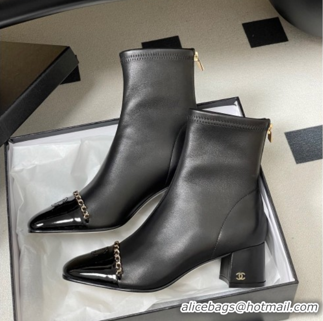 Best Product Chanel Stretch Lambskin and Patent Leather Heel Ankle Boots 5cm with Chain Black 2025 CH110405 1104072