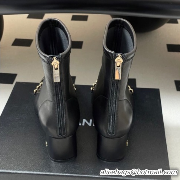 Best Product Chanel Stretch Lambskin and Patent Leather Heel Ankle Boots 5cm with Chain Black 2025 CH110405 1104072