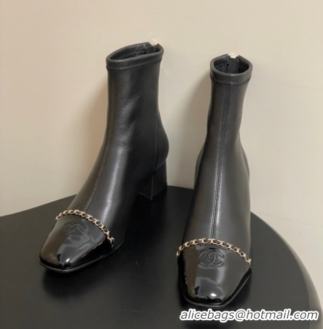 Best Product Chanel Stretch Lambskin and Patent Leather Heel Ankle Boots 5cm with Chain Black 2025 CH110405 1104072