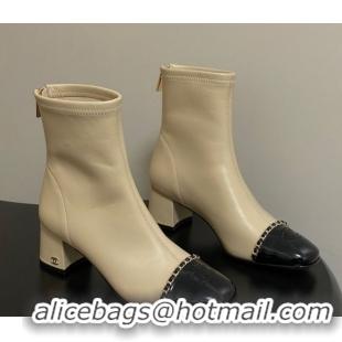 Durable Chanel Stretch Lambskin and Patent Leather Heel Ankle Boots 5cm with Chain Beige 2025 CH110405 1104073