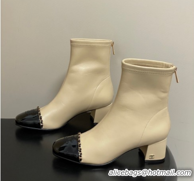 Durable Chanel Stretch Lambskin and Patent Leather Heel Ankle Boots 5cm with Chain Beige 2025 CH110405 1104073