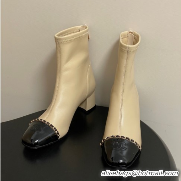 Durable Chanel Stretch Lambskin and Patent Leather Heel Ankle Boots 5cm with Chain Beige 2025 CH110405 1104073
