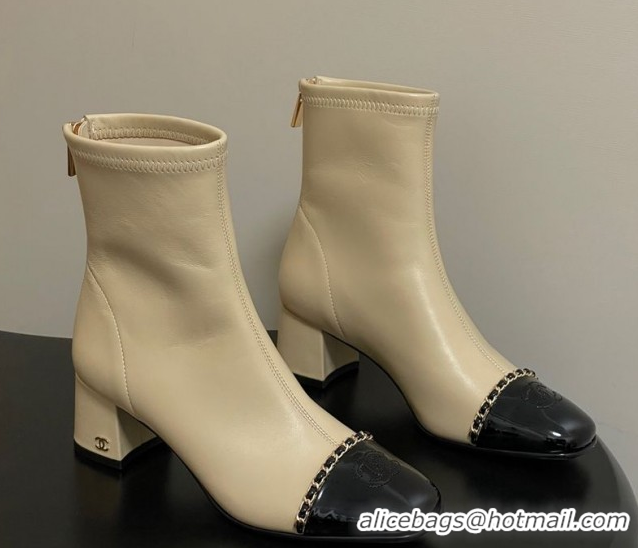 Durable Chanel Stretch Lambskin and Patent Leather Heel Ankle Boots 5cm with Chain Beige 2025 CH110405 1104073