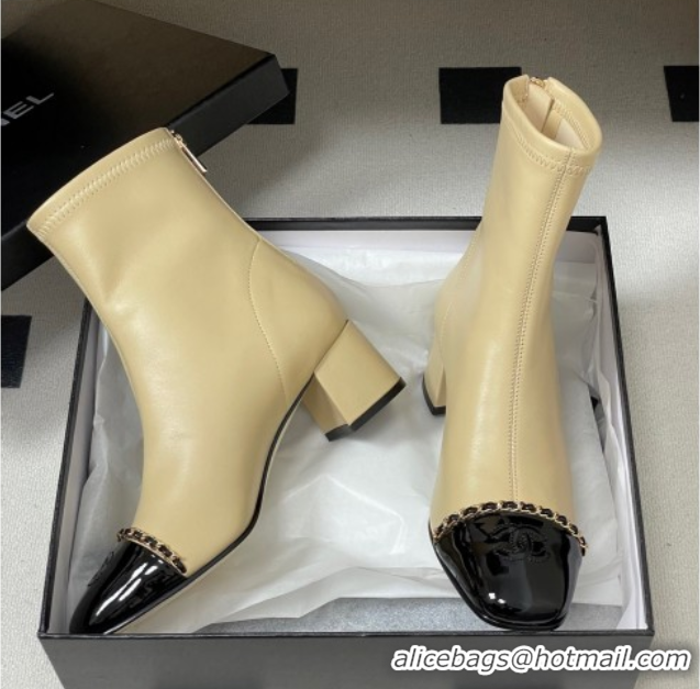Durable Chanel Stretch Lambskin and Patent Leather Heel Ankle Boots 5cm with Chain Beige 2025 CH110405 1104073
