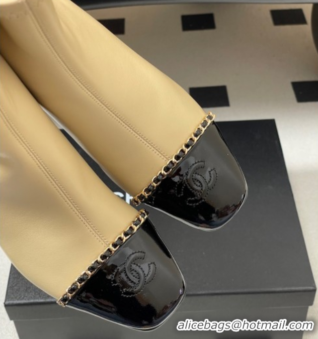 Durable Chanel Stretch Lambskin and Patent Leather Heel Ankle Boots 5cm with Chain Beige 2025 CH110405 1104073