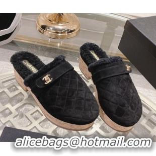 Unique Style Chanel Quilted Suede and Wool Platform Mules with Strap Black 2025 CH110407 1104076