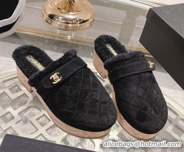 Unique Style Chanel Quilted Suede and Wool Platform Mules with Strap Black 2025 CH110407 1104076