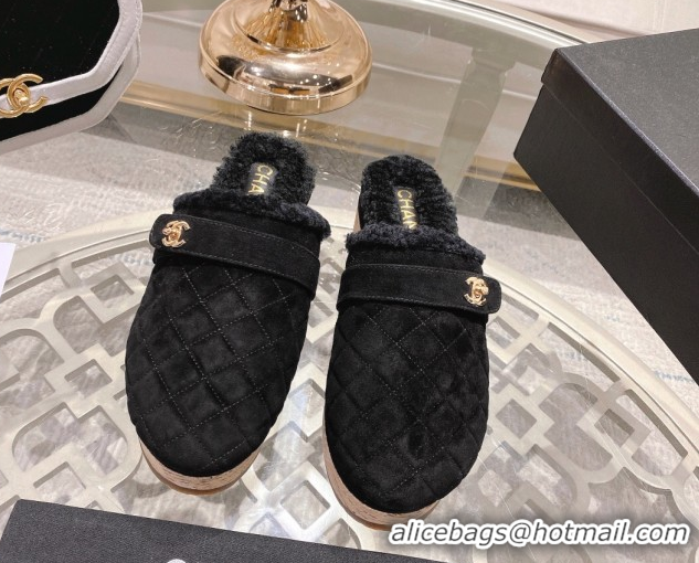 Unique Style Chanel Quilted Suede and Wool Platform Mules with Strap Black 2025 CH110407 1104076