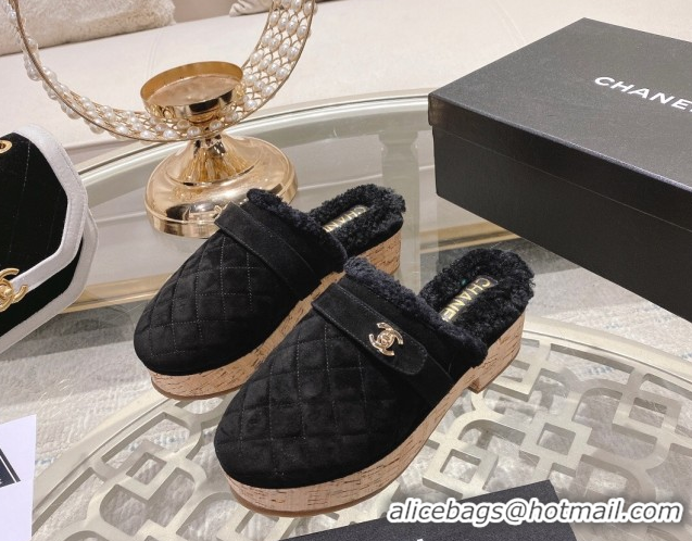 Unique Style Chanel Quilted Suede and Wool Platform Mules with Strap Black 2025 CH110407 1104076