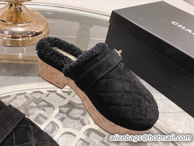 Unique Style Chanel Quilted Suede and Wool Platform Mules with Strap Black 2025 CH110407 1104076